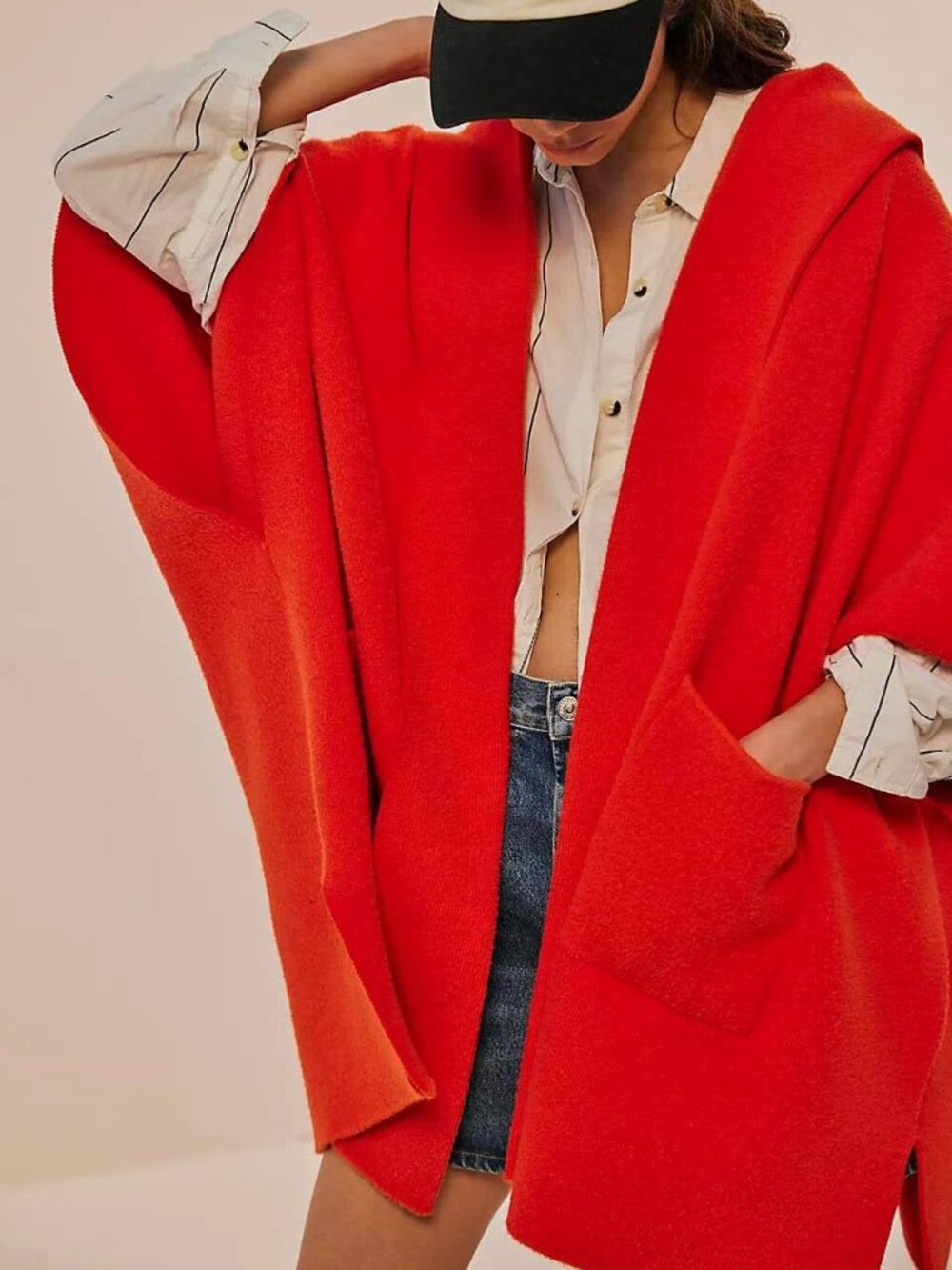 Free People Red 'All I Need Cozy Hooded Duster' Cape Coat OS EUC